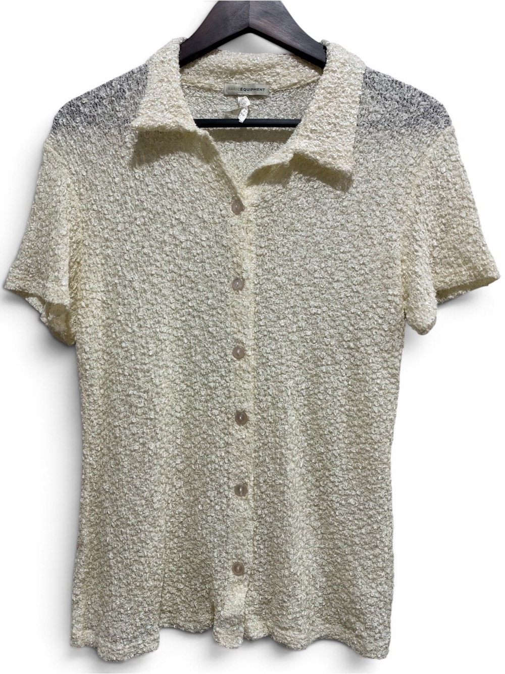 Cream Sheer Textured Knit Collared Top L Short Sleeve Button Front Retro Minimal